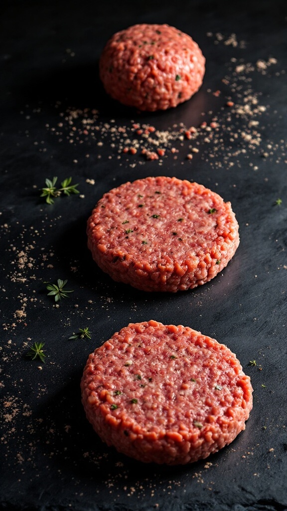Progression of shaping ostrich patties from a raw ball to a perfectly flattened 2. 5cm thick patty on a dark slate surface, surrounded by scattered herbs under moody lighting