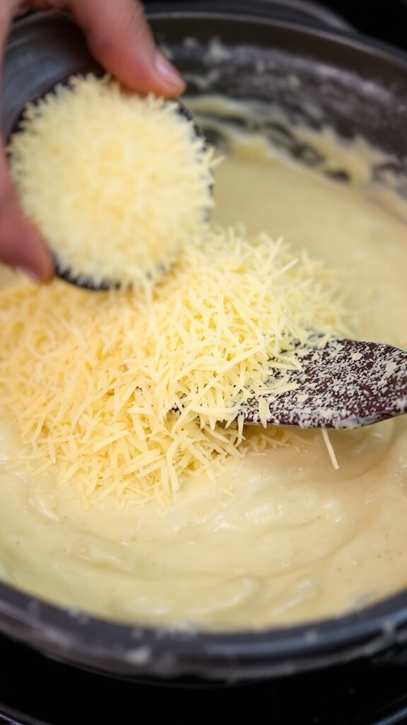 Keto Chicken Alfredo (Quick &Amp; One-Pan) 8 Freshly grated parmesan cheese being mixed into creamy sauce, showing the melting process
