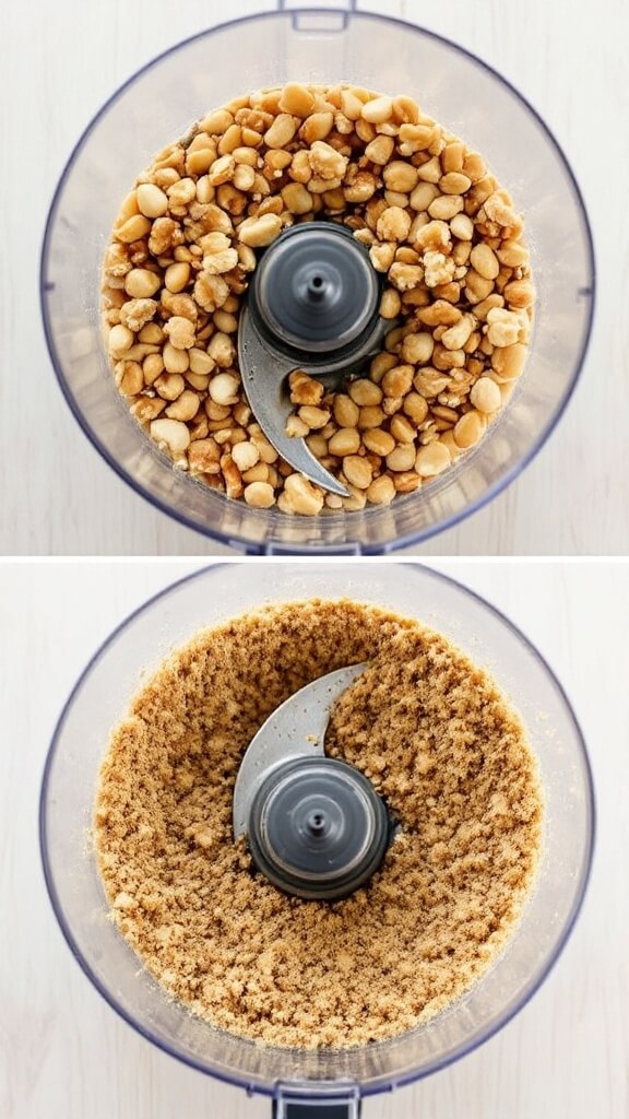 Walnut Taco &Quot;Meat&Quot; (Vegan, Gluten-Free Option) 3 Raw walnuts in a clear glass food processor transforming from whole pieces to breadcrumb-like texture on a light wooden surface