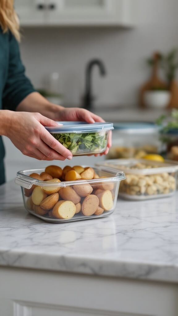 Perfect Pairings For Roast Potatoes: A Chef'S Complete Guide To Creating Memorable Meals 8 Roast potatoes being placed in an airtight glass container on a marble countertop, surrounded by organized storage containers, illustrating proper kitchen storage techniques