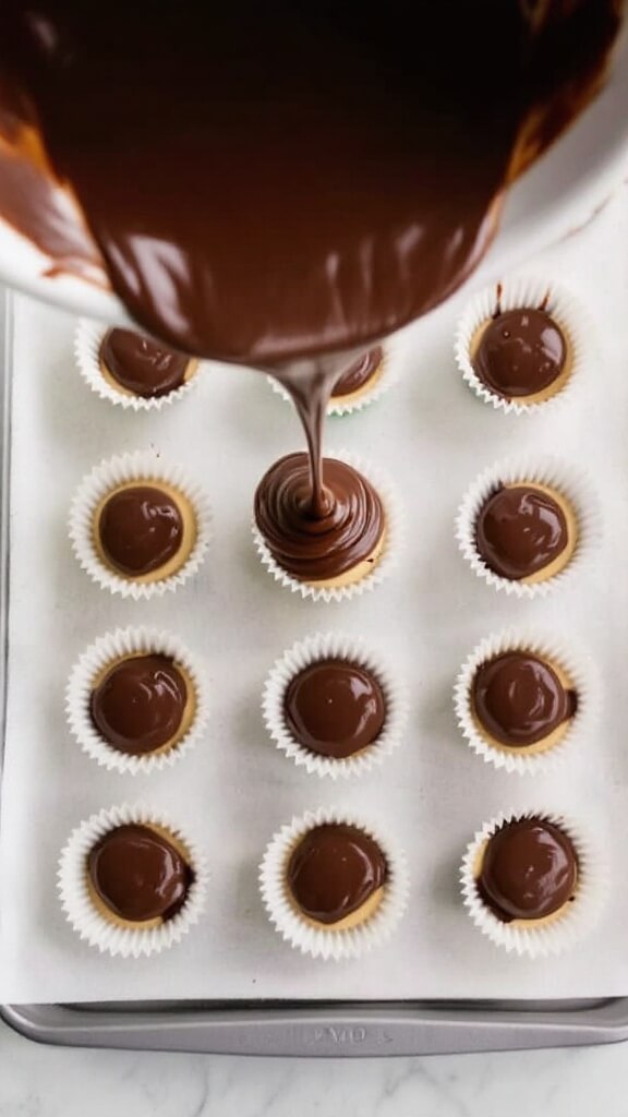 Protein Peanut Butter Cups 9 Final layer of glossy chocolate being poured over protein filling in cup molds, perfectly covering the filling