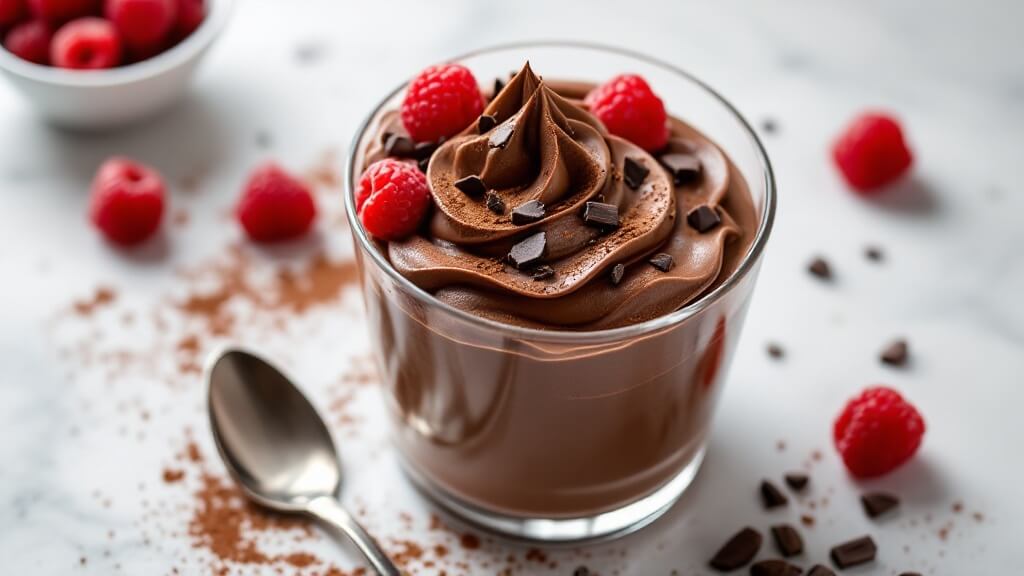High-Protein Chocolate Mousse 2 "luxurious chocolate mousse in a glass dish garnished with raspberries and chocolate shavings, accompanied by a silver dessert spoon on a light marble surface. "