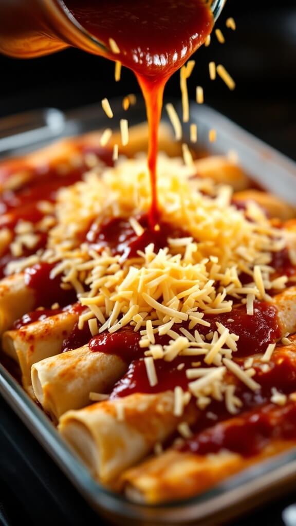 Raw enchiladas in a baking dish with sauce pouring over them and shredded cheese on the side, ready for baking