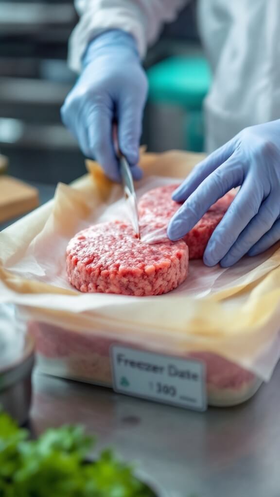 Raw patties wrapped in parchment paper and stored in a freezer-safe container with date label under sanitized lighting to emphasize food safety