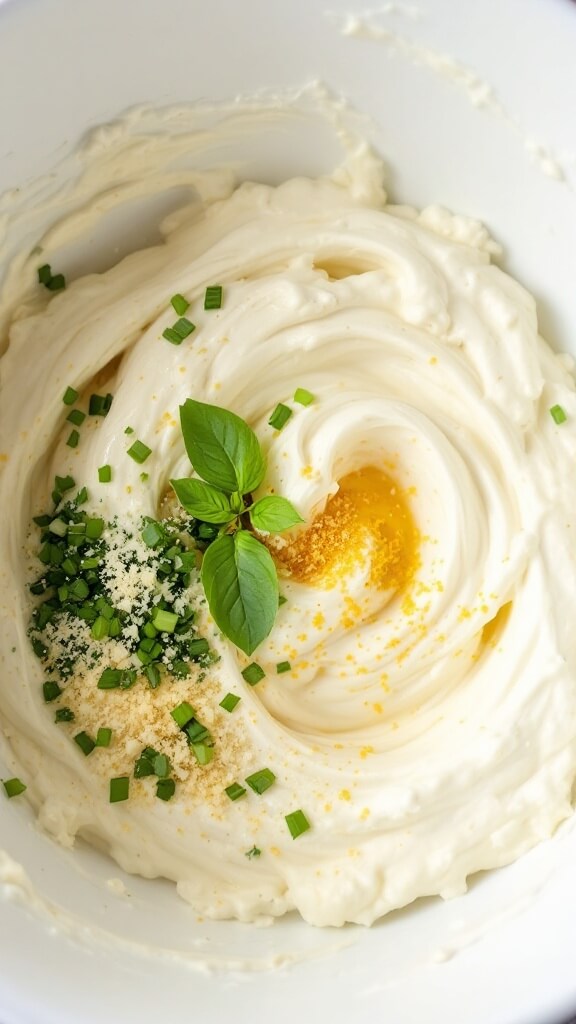 Mixing creamy ricotta cheese, parmesan, basil, lemon zest, and minced garlic in a white ceramic bowl