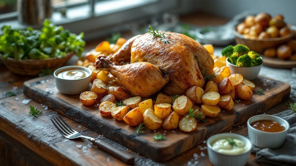 Perfect Pairings For Roast Potatoes: A Chef'S Complete Guide To Creating Memorable Meals 2 "roasted chicken with golden-brown crispy potatoes, gravy, aioli, and chimichurri in ramekins, steamed broccoli and brussels sprouts, garnished with fresh herbs and sea salt in a professional food photography setup. "