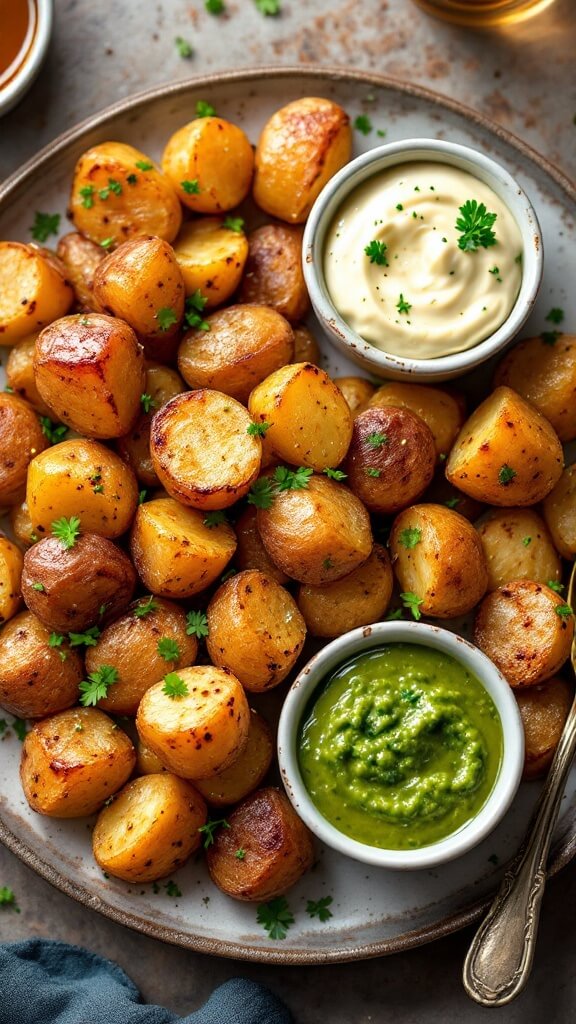 Perfect Pairings For Roast Potatoes: A Chef'S Complete Guide To Creating Memorable Meals 9 Roast potatoes on a plate with separate ramekins of brown gravy, garlic aioli, and green chimichurri sauce