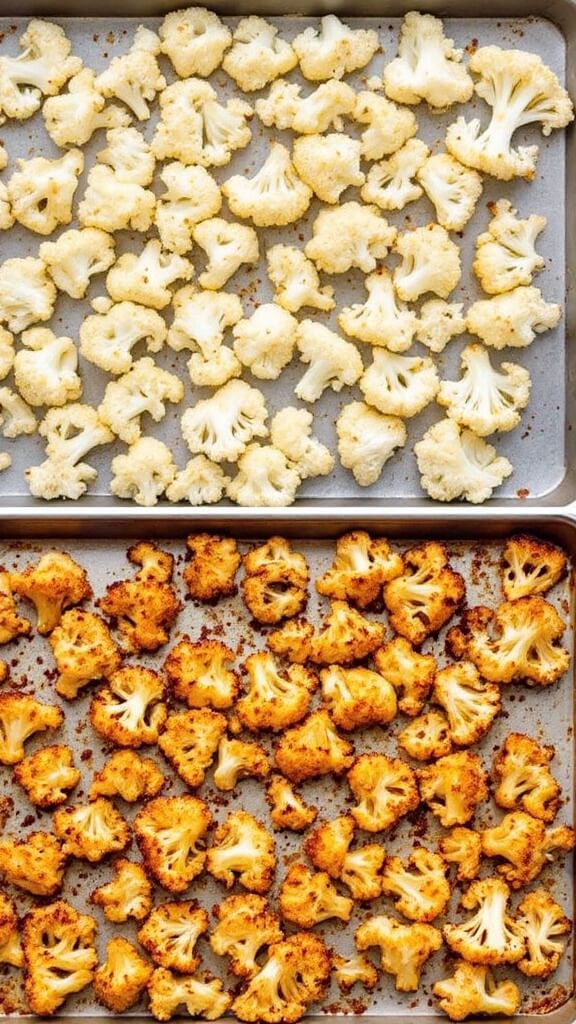 Half-cooked golden-brown roasted cauliflower florets with caramelized edges on a baking sheet
