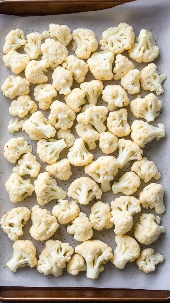 Seasoned cauliflower florets evenly spread on a parchment-lined baking sheet