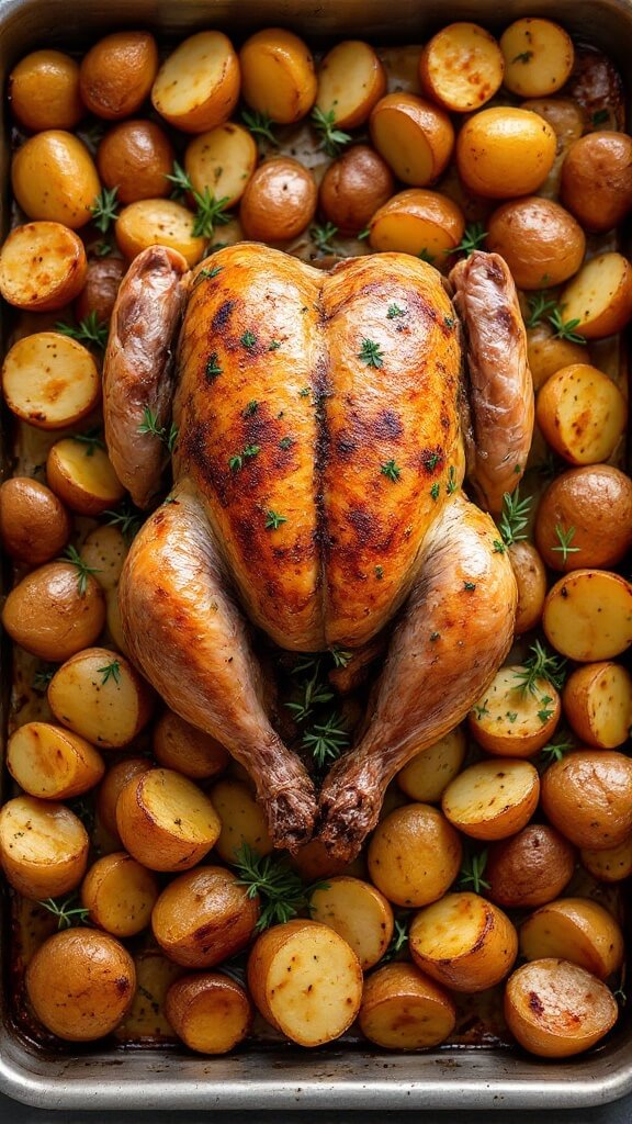 Perfect Pairings For Roast Potatoes: A Chef'S Complete Guide To Creating Memorable Meals 4 Perfectly roasted whole chicken in a stainless steel tray surrounded by crispy golden-brown potatoes with visible seasonings and fresh herbs
