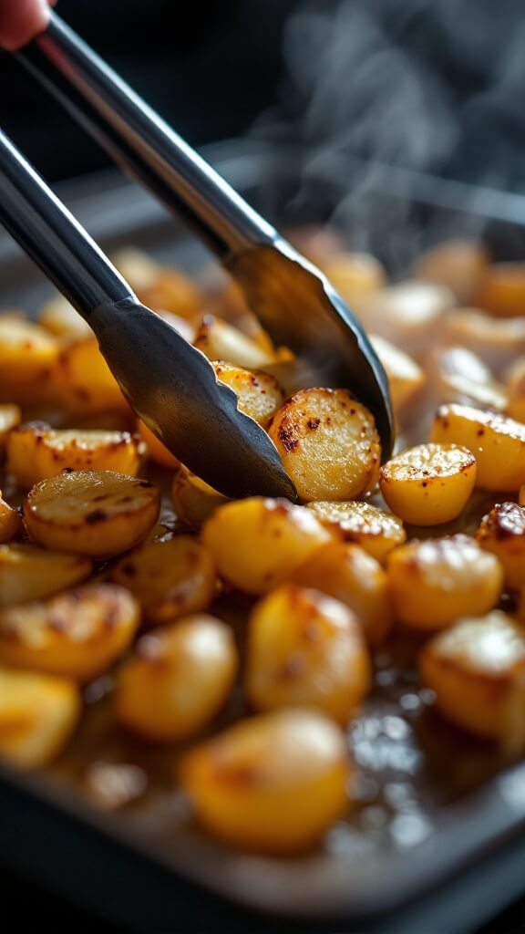 Perfect Pairings For Roast Potatoes: A Chef'S Complete Guide To Creating Memorable Meals 7 Close-up of a baking tray with perfectly roasted golden-brown potatoes being removed from preheated oven, turned with metal tongs and releasing steam