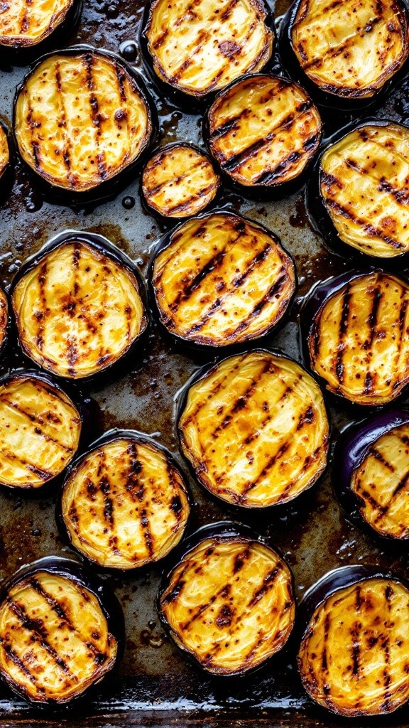 Roasted eggplant slices with caramelization and olive oil sheen on a baking sheet