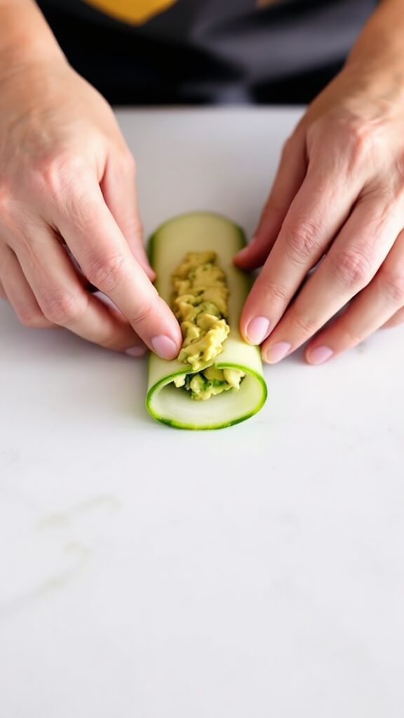 Hands skillfully rolling a cucumber strip filled with avocado mixture on a light-colored surface
