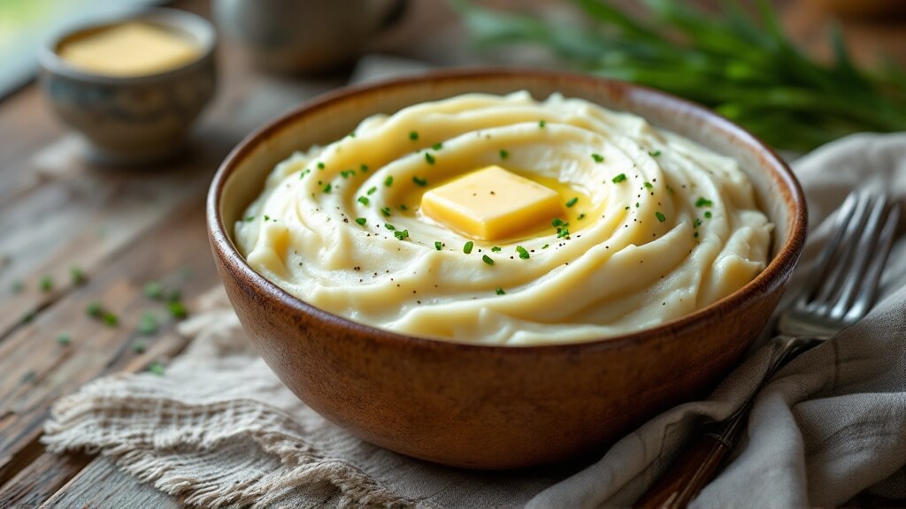 Creamy Cottage Cheese Mashed Potatoes 2 "rustic ceramic bowl of creamy mashed potatoes with melting butter and chopped chives on a weathered wooden table, under natural lighting. "