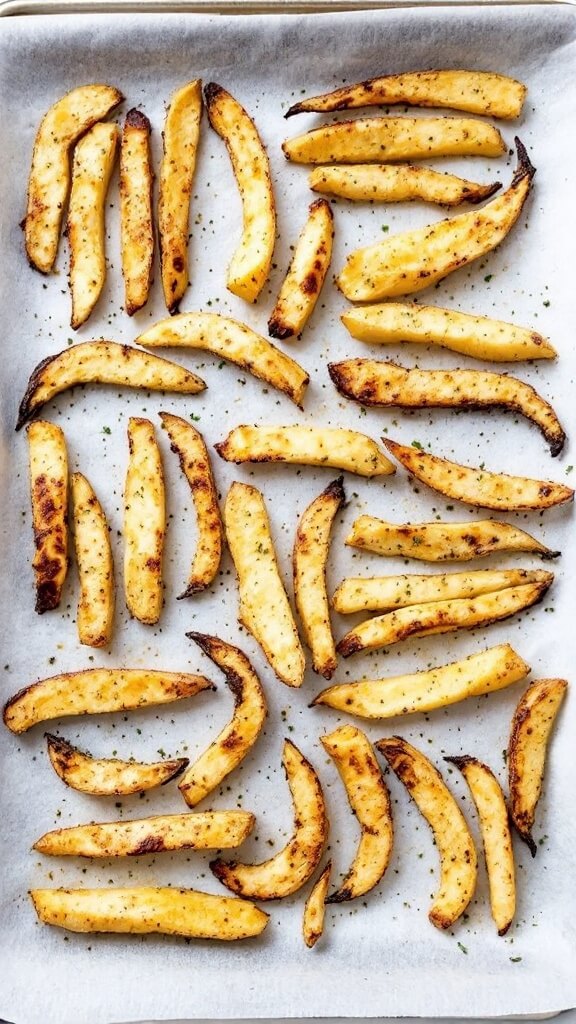Crispy Oven-Baked Rutabaga Fries (Low-Carb &Amp; Keto-Friendly) 7 Seasoned rutabaga fries on a parchment-lined baking sheet ready for baking