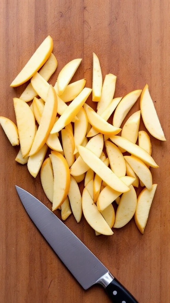 Crispy Oven-Baked Rutabaga Fries (Low-Carb &Amp; Keto-Friendly) 4 Overhead view of precisely cut rutabaga fries on a wooden cutting board with a chef's knife beside them