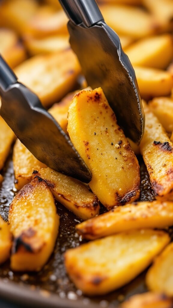 Crispy Oven-Baked Rutabaga Fries (Low-Carb &Amp; Keto-Friendly) 8 Golden-brown rutabaga fries being flipped with tongs during baking, showcasing crispy, caramelized side with visible seasonings and slightly charred edges