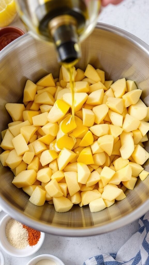 Crispy Oven-Baked Rutabaga Fries (Low-Carb &Amp; Keto-Friendly) 5 Drizzling olive oil over rutabaga fries in a steel bowl, with bowls of garlic powder, smoked paprika, and onion powder nearby