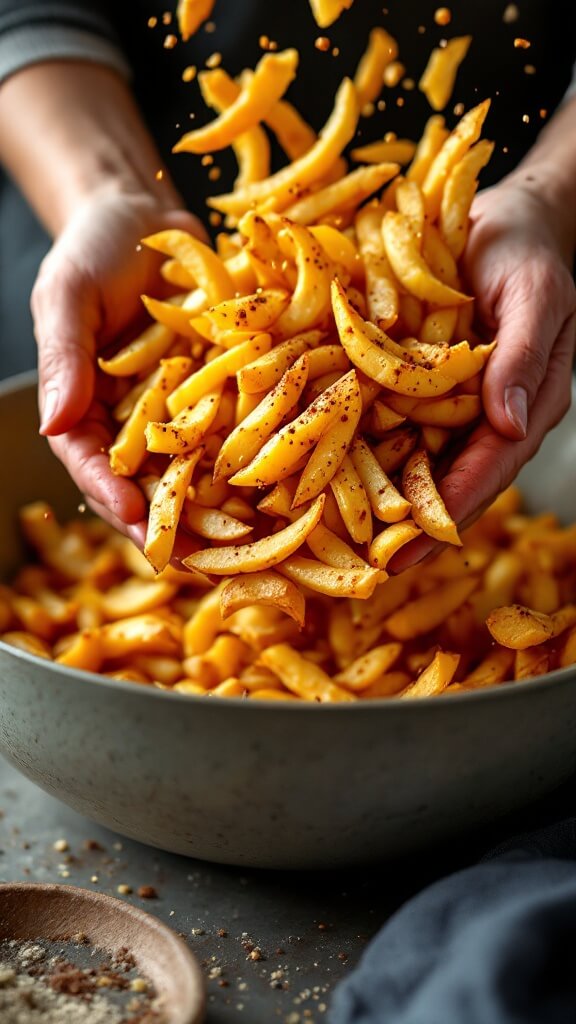 Crispy Oven-Baked Rutabaga Fries (Low-Carb &Amp; Keto-Friendly) 6 Hands vigorously tossing rutabaga fries mid-air in a bowl, seasoning and oil glistening on surfaces