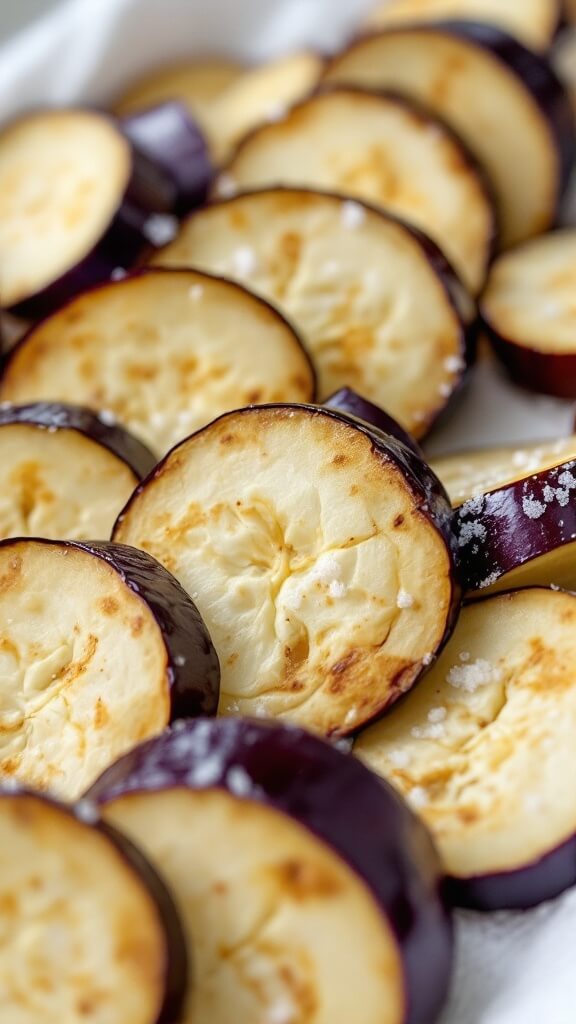 Close-up view of uniformly sliced eggplant rounds with salt crystals on them, laid out on paper towels under natural kitchen lighting.