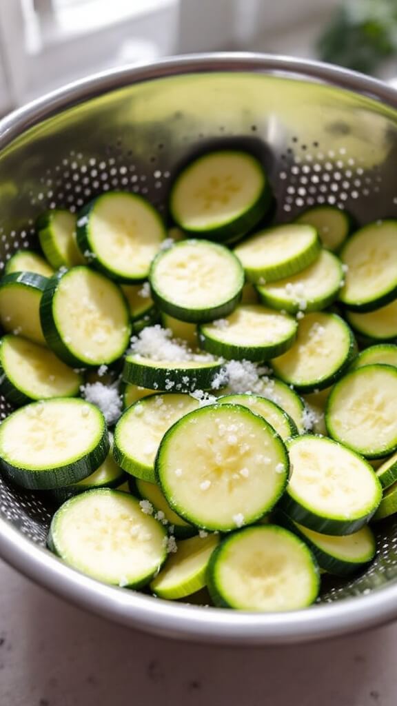 Close-up of salted zucchini rounds in a metal colander on a kitchen counter with natural light