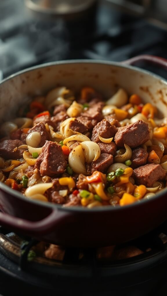 Sautéing aromatics with browned bison in dutch oven, as onions turn translucent and peppers soften amidst visible steam