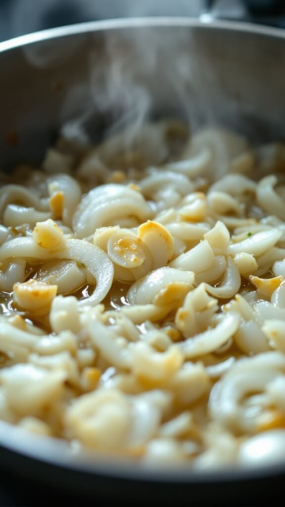 Close-up of sautéed onions and garlic in stainless steel skillet with glistening olive oil under warm lighting