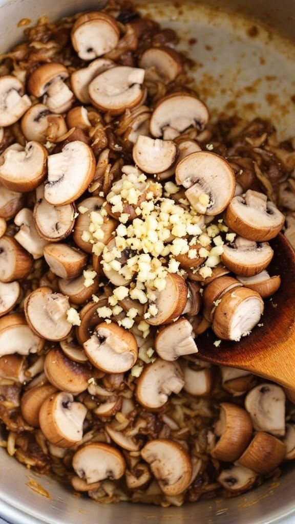 Shiitake Mushroom Soup (Creamy &Amp; Comforting) 5 Overhead view of sliced shiitake mushrooms and minced garlic added to caramelized onions in a pot, with wooden spoon stirring the mixture
