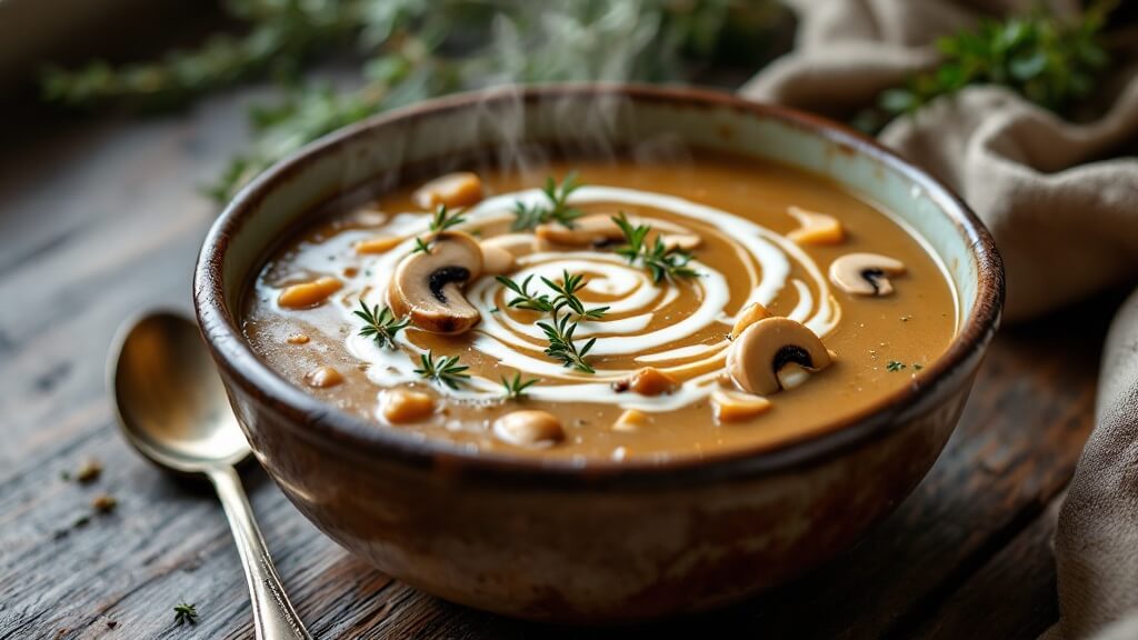Shiitake Mushroom Soup (Creamy &Amp; Comforting) 2 "steaming shiitake mushroom soup in a rustic ceramic bowl garnished with fresh thyme and cream swirl, situated on a weathered wooden table with a vintage spoon, under soft, diffused window light. "