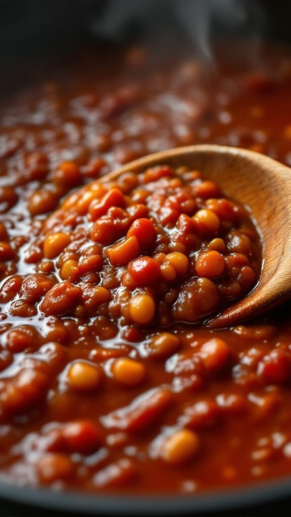 Chili simmering on low heat with steam rising and wooden spoon resting against pot