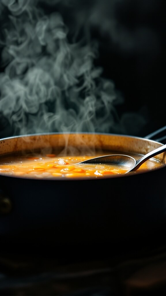Fresh Green Pea Risotto With Lemon &Amp; Mint 3 Simmering golden vegetable stock in saucepan with ladle against dark background