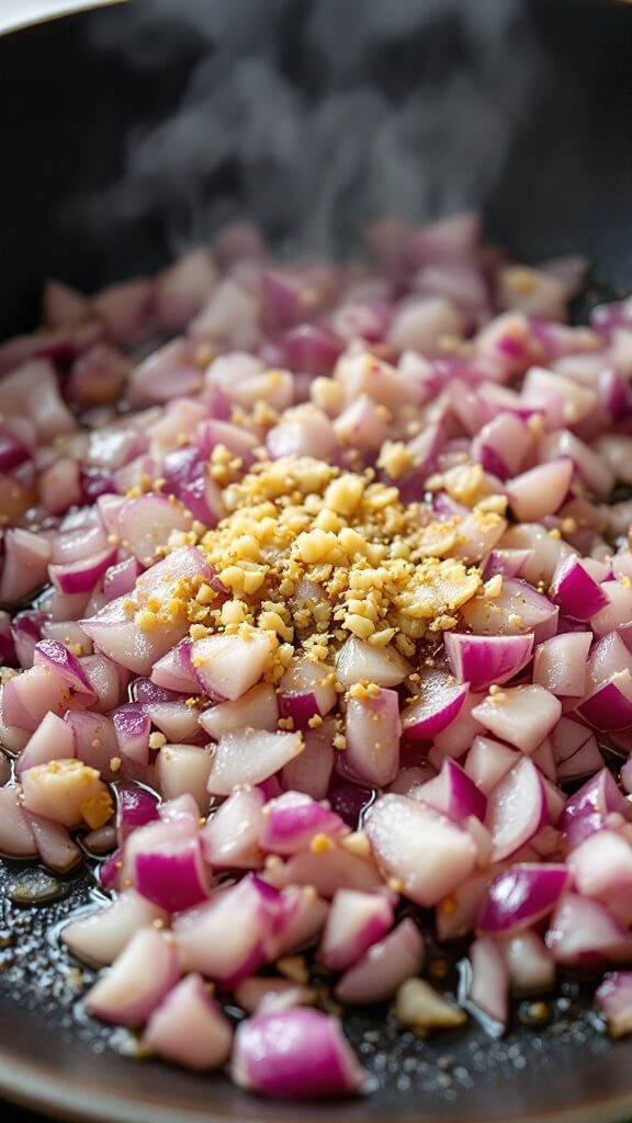 Diced red onions caramelizing in a sizzling skillet with minced garlic and olive oil, steam rising from the pan