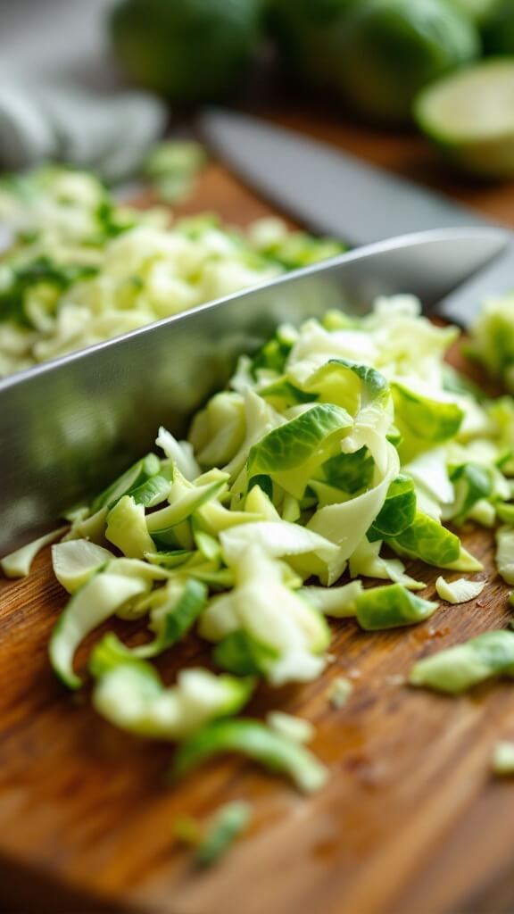 Sliced fresh brussels sprouts on wooden cutting board with chef's knife and pile of trimmed ends