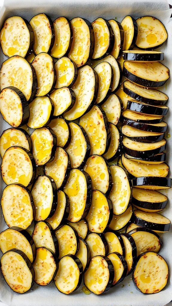 Raw sliced eggplant on baking sheets ready for roasting