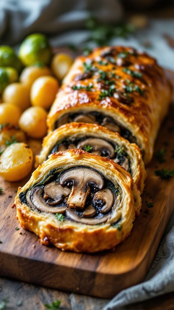 Perfect Pairings For Roast Potatoes: A Chef'S Complete Guide To Creating Memorable Meals 6 Sliced mushroom wellington with golden puff pastry on rustic wooden board, accompanied by roast potatoes and brussels sprouts