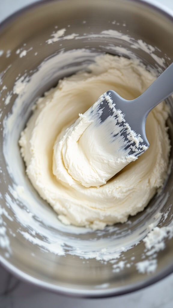 Top view of a stainless steel bowl with smooth, lump-free cream cheese being mixed with a rubber spatula under soft natural side lighting