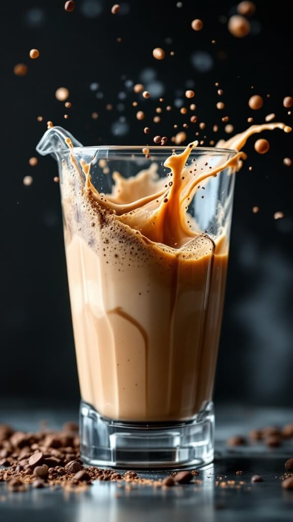 Blender in action creating a vortex of coffee smoothie mixture, demonstrating the transformation into a creamy consistency