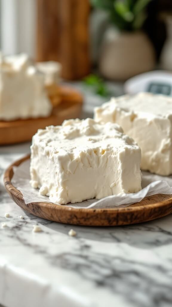 Softened cream cheese blocks on a marble counter with a digital thermometer, under natural light