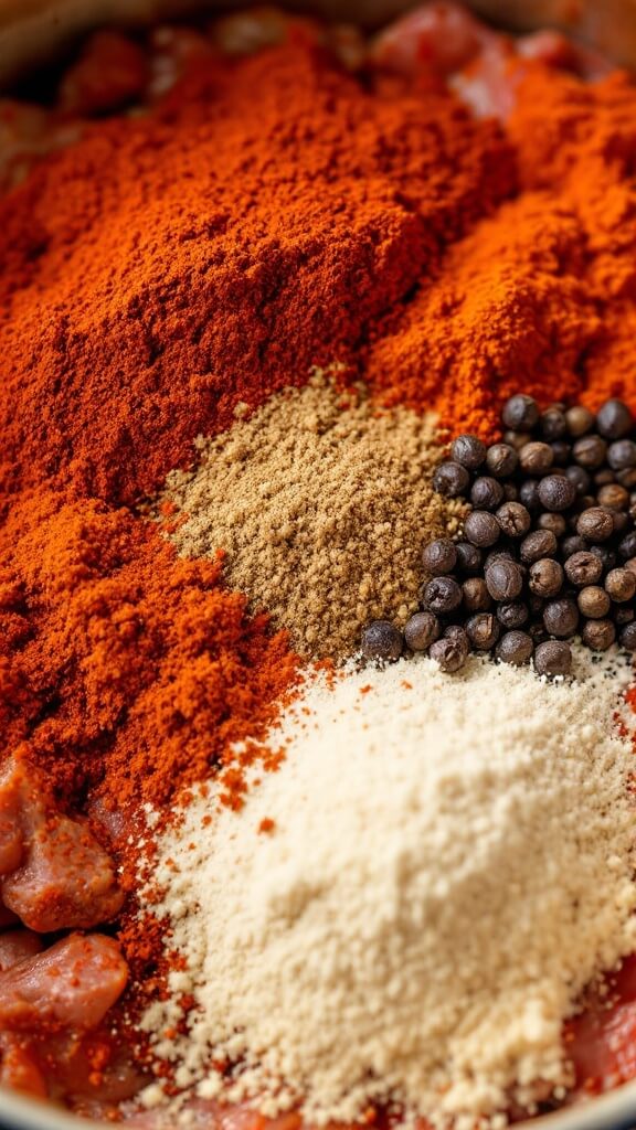 Adding variety of spices including red chili powder, cumin, paprika, and black peppercorns to a pot of meat mixture