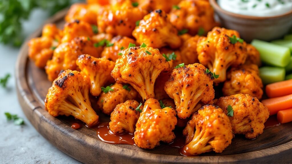 "freshly baked buffalo cauliflower bites on a rustic wooden platter, garnished with celery and carrot sticks and a ramekin of blue cheese dressing, shot at a 45-degree angle in bright natural lighting. "