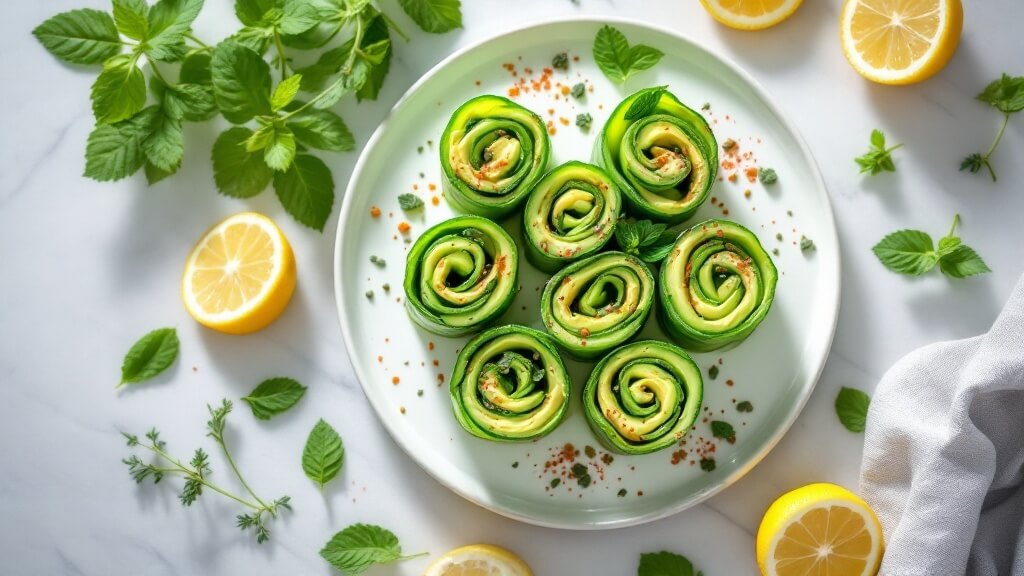 "spiral cucumber rolls with avocado filling garnished with hemp seeds, mint leaves, and paprika on a white plate, decorated with lemon wedges and herb sprigs on a light marble surface. "