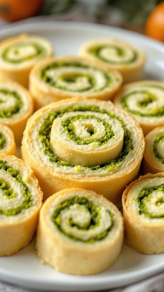 Spiral rolls with vibrant green filling artistically arranged on a white ceramic plate