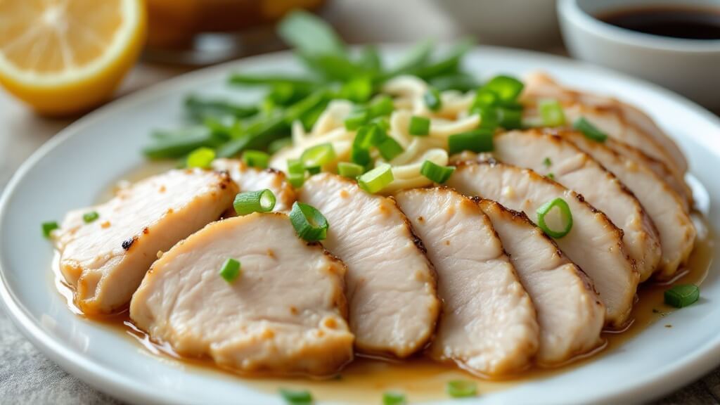 "steamed chicken breast garnished with green onions, ginger, and asian-style marinade, served with lemon and soy sauce on a white plate"