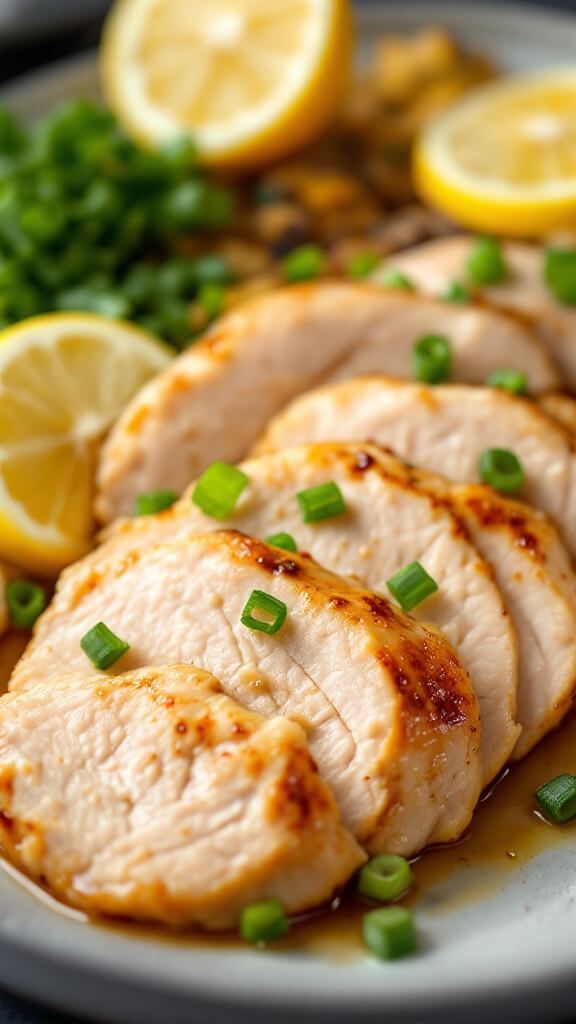 Sliced steamed chicken breast on a plate garnished with green onions and lemon wedges, steam rising