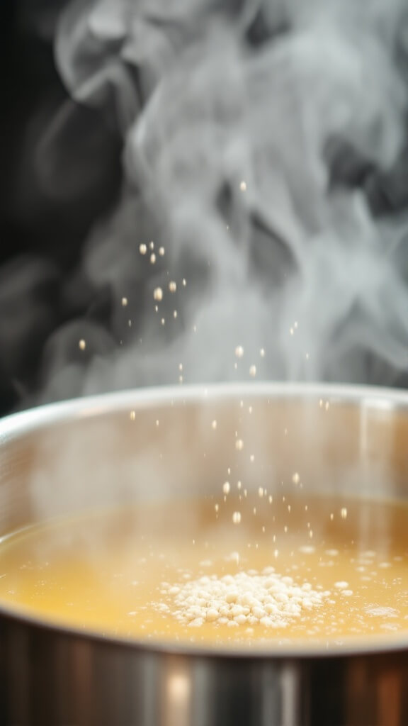 Steam rising from boiling golden chicken broth in a large stainless steel pot with sprinkles of white pepper and ground ginger being added, viewed from a 45-degree angle