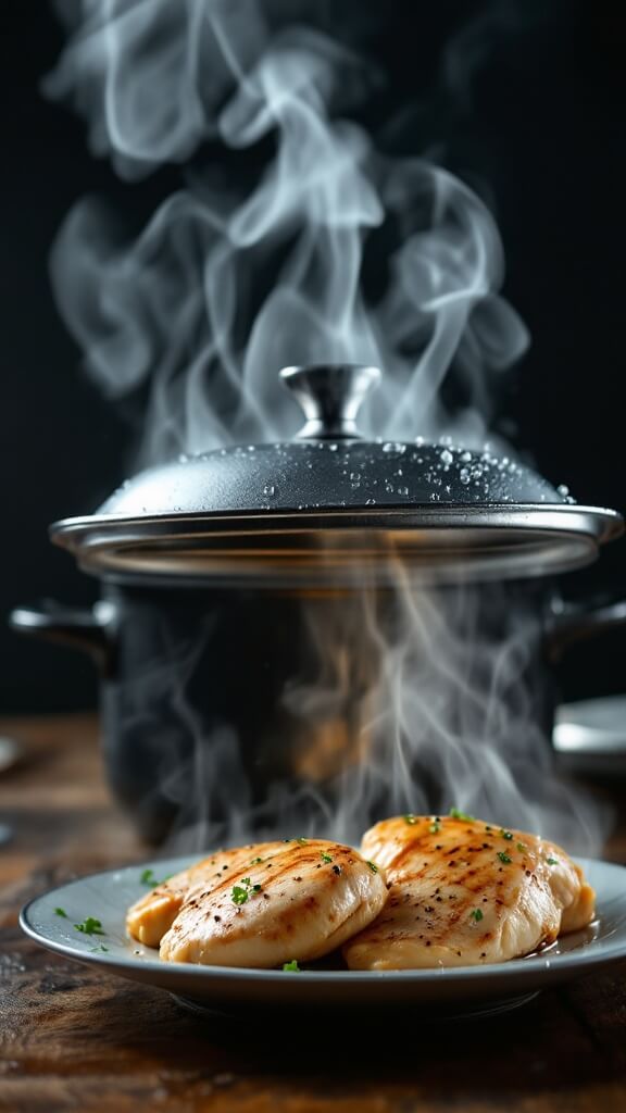 Steam rising from a steamer pot as it's opened to reveal cooked chicken breasts on a plate, with condensation on the lid