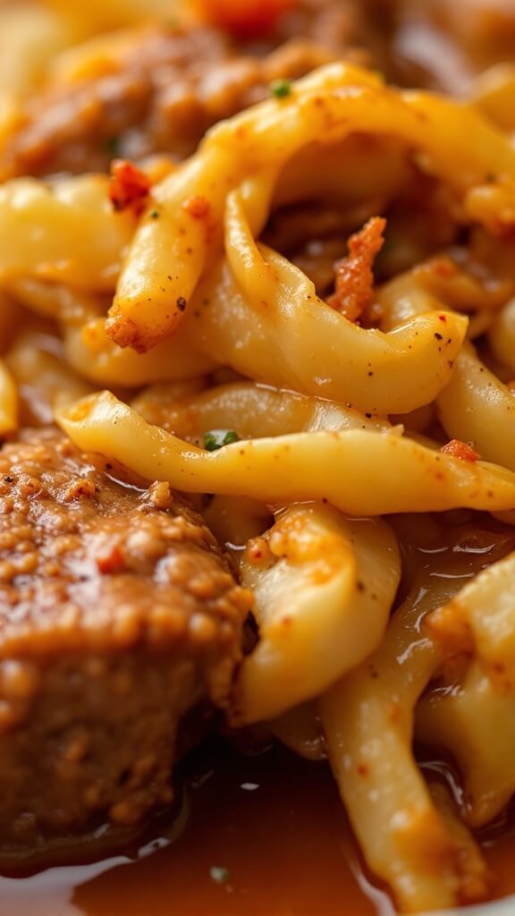 Close-up image of delicious dish with slightly crisp cabbage, tender meat, sparkling sauce, and visible seasonings and spices