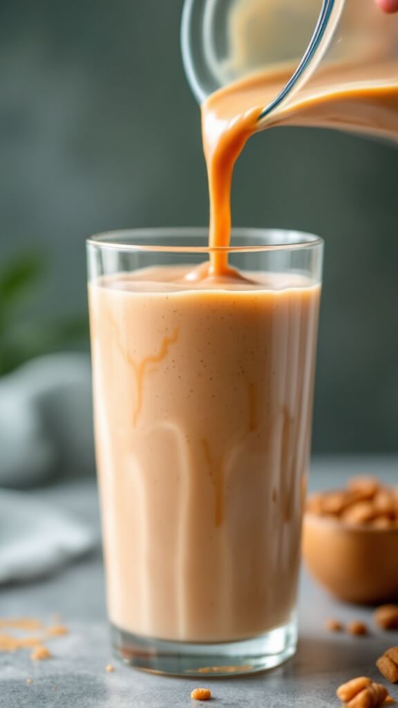 Silky, caramel-colored smoothie being poured from blender into tall glass