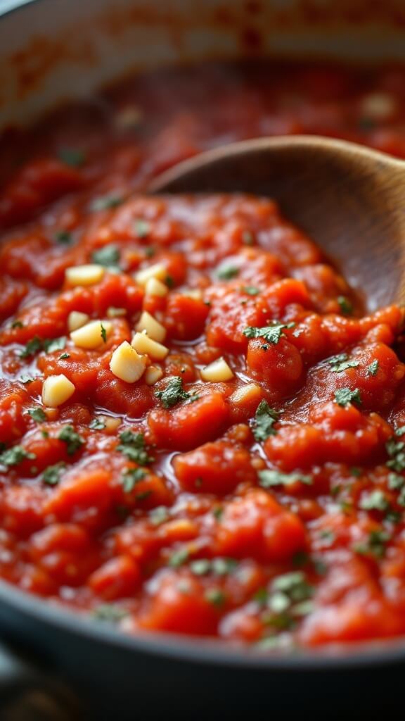 Close-up of simmering tomato sauce with minced garlic and oregano in pan, wooden spoon on edge