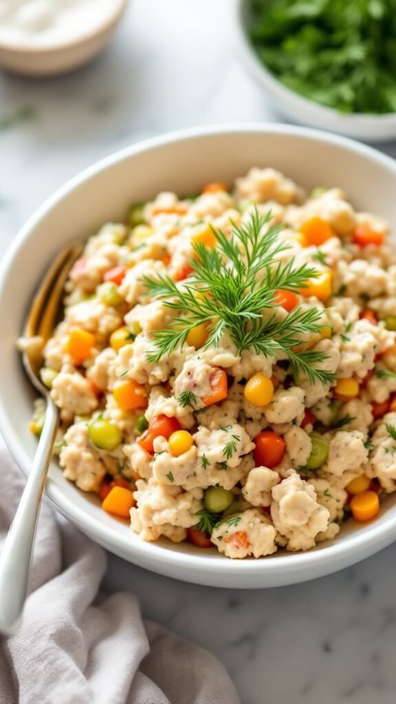 Finished tuna salad in a white ceramic bowl garnished with fresh dill on a marble counter